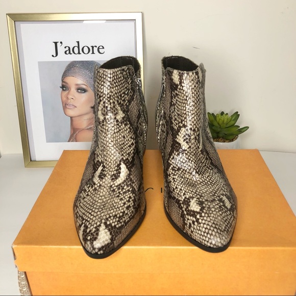 SNAKE Pewter Brown & Beige Pointed Toe Ankle Bootie Low Heel Boots Size 11 M NEW - Picture 2 of 11